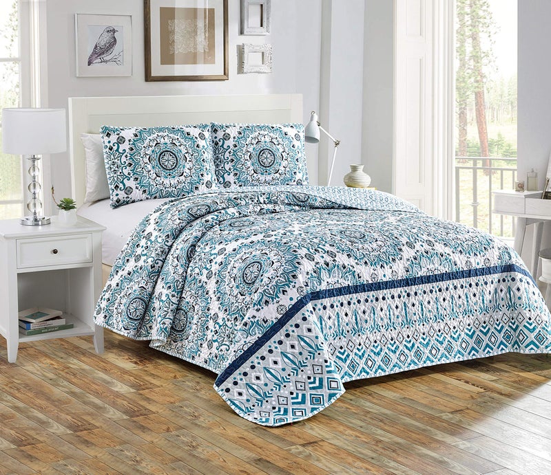 Home Collection 3pc King/Cal King Quilted Bedspread Set Floral Bedding Turquoise Navy Blue White Sage Green - Image 1